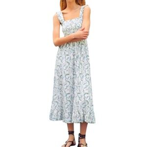 Zara Sundress Womens XS White Blue Green Floral Maxi Dress Linen Blend Smocked
